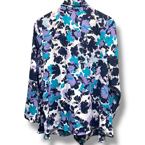 Jessica‎ London Drape Tie Front Navy/Purple Floral Print Career Top - Picture 3 of 7